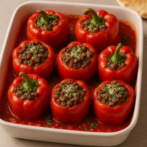 Country Kitchen Stuffed Peppers baked in tomato sauce, filled with ground beef, mushrooms, and parsley, topped with Parmesan cheese in a rustic baking dish.
