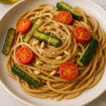 Creamy vegetarian spaghetti carbonara with wholemeal pasta, courgettes, cherry tomatoes, pine nuts, and Pecorino cheese on a rustic plate.