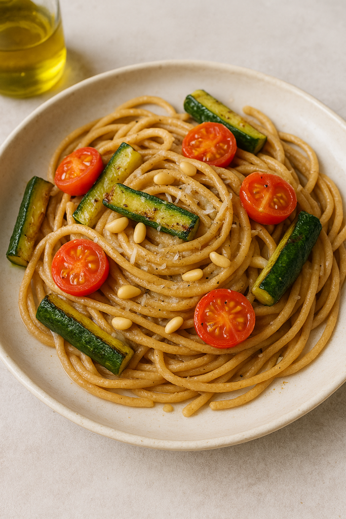 Creamy vegetarian spaghetti carbonara with wholemeal pasta, courgettes, cherry tomatoes, pine nuts, and Pecorino cheese on a rustic plate.