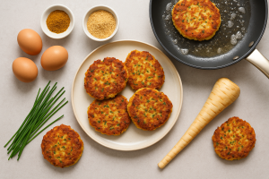 Crispy golden parsnip fritters with fresh chives and sour cream dip