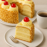 Frankfurter Kranz cake decorated with buttercream, nut brittle, and red cocktail cherries on top.