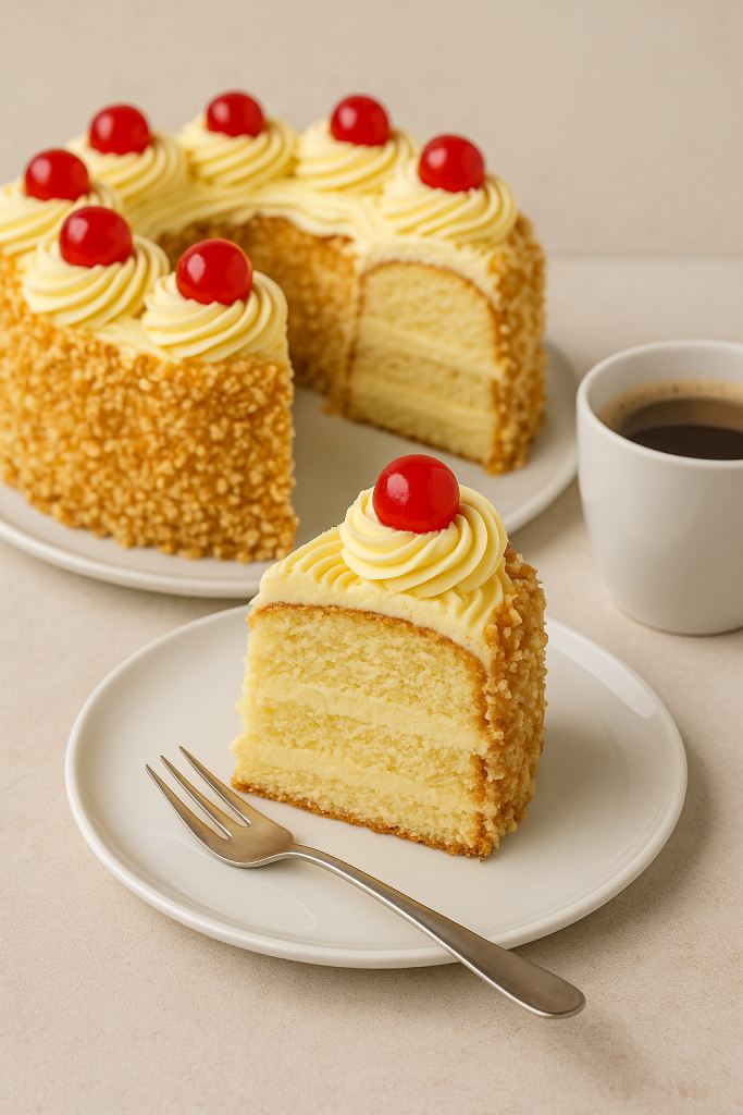 Frankfurter Kranz cake decorated with buttercream, nut brittle, and red cocktail cherries on top.