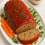 Homemade German-style meatloaf topped with tomato glaze, garnished with parsley and carrot sticks on a white serving platter.