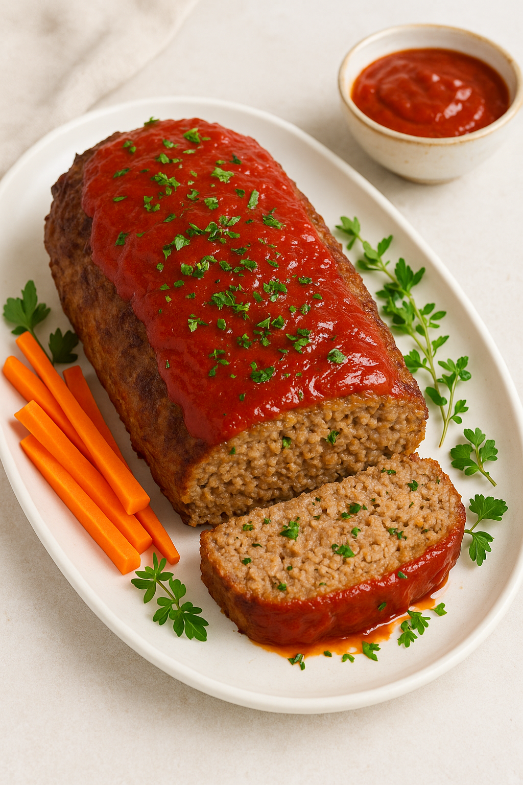 Homemade German-style meatloaf topped with tomato glaze, garnished with parsley and carrot sticks on a white serving platter.