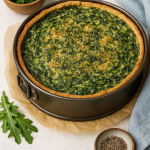 Herb and spinach tart in a 26 cm springform tin with golden crust and cheesy spinach filling