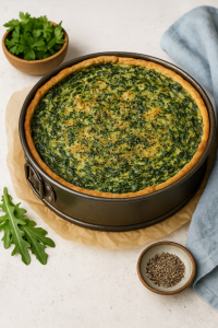 Herb and spinach tart in a 26 cm springform tin with golden crust and cheesy spinach filling