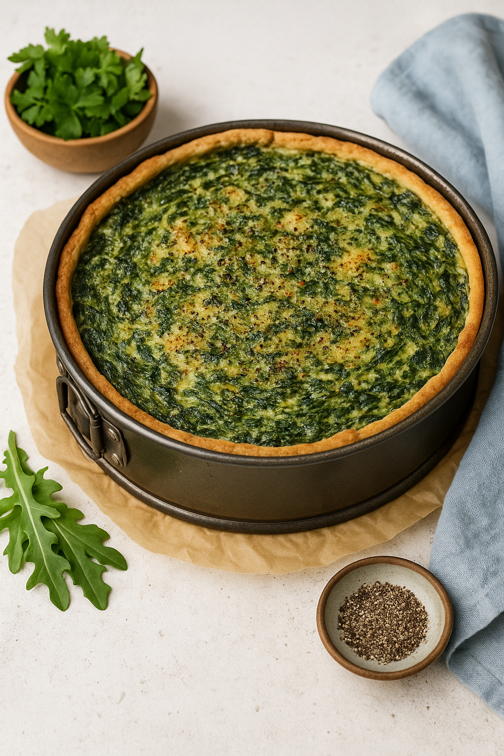 Herb and spinach tart in a 26 cm springform tin with golden crust and cheesy spinach filling
