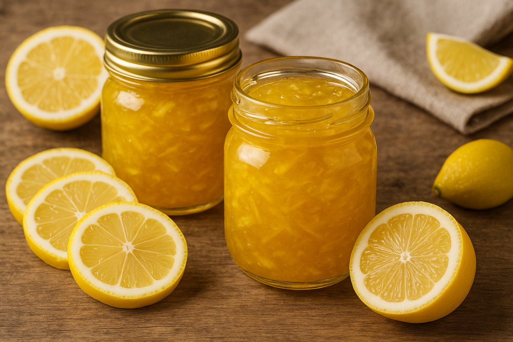 Homemade lemon marmalade in glass jars with fresh lemon slices on a rustic wooden table