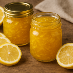 Homemade lemon marmalade in glass jars with fresh lemon slices on a rustic wooden table