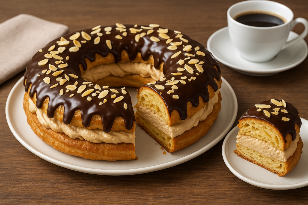 Mocca Cream Ring – German choux pastry filled with coffee cream, topped with chocolate glaze and almonds