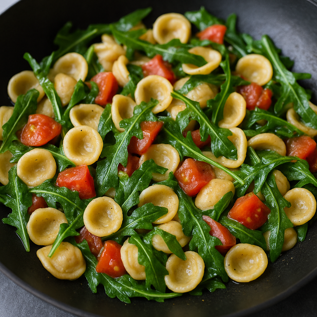 Homemade orecchiette pasta with fresh rocket and diced tomatoes in a rustic skillet.