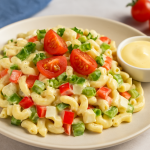 Creamy pasta salad with red and green peppers, onion, celeriac, and cherry tomatoes