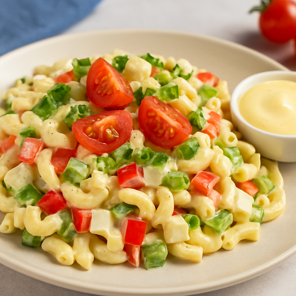 Creamy pasta salad with red and green peppers, onion, celeriac, and cherry tomatoes