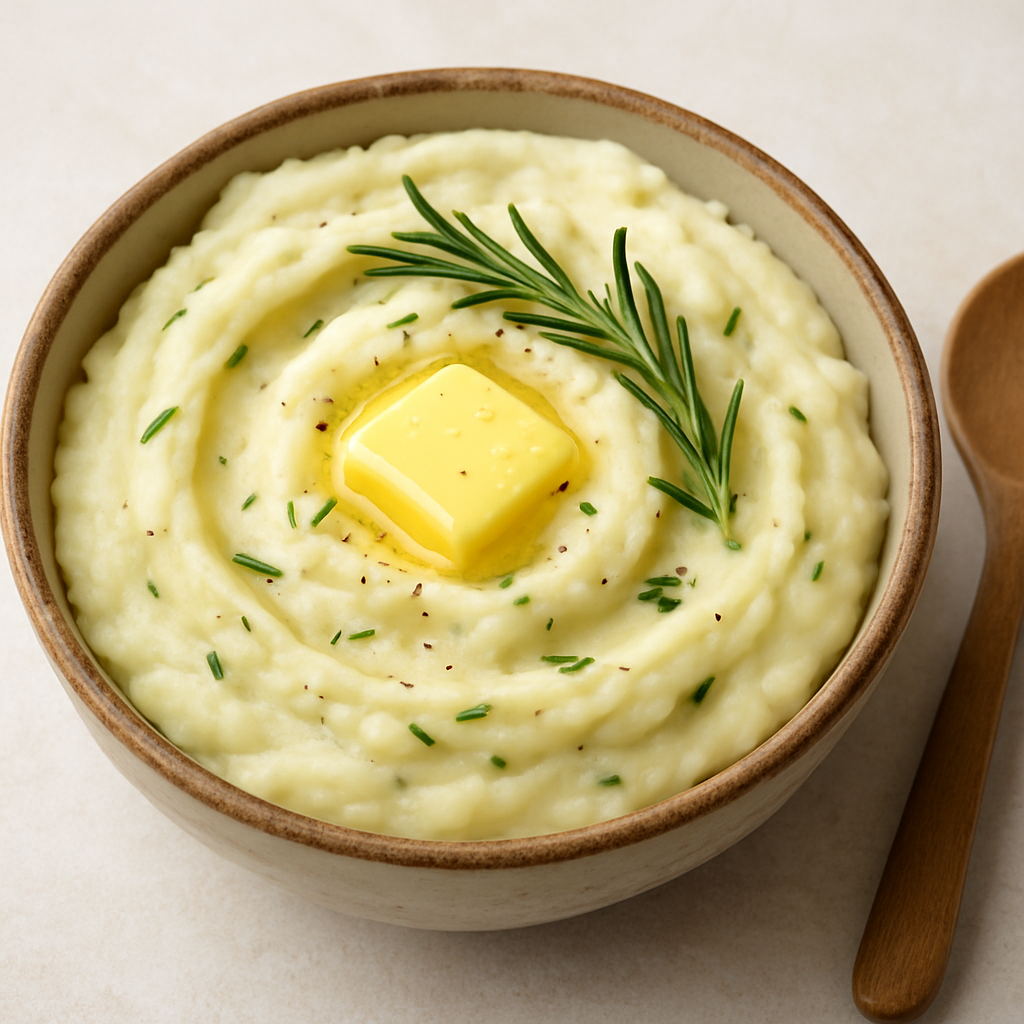 Creamy mashed potatoes with rosemary, served in a rustic bowl with melting butter on top