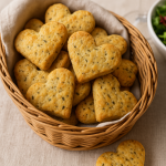 Savory herb heart biscuits with oregano and shallots, freshly baked and golden brown