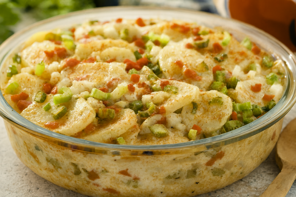 Creamy potato bake in a glass dish with celery and red pepper pieces