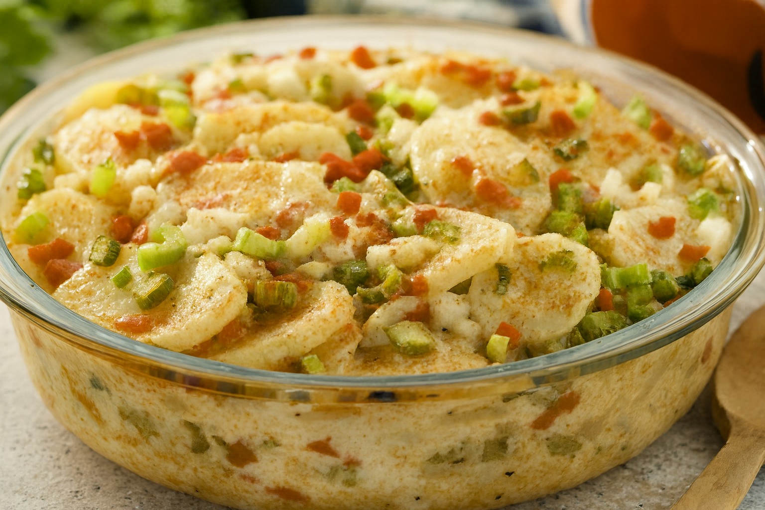 Creamy potato bake in a glass dish with celery and red pepper pieces