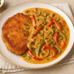Jägerschnitzel with creamy mushroom and bell pepper sauce served on a plate