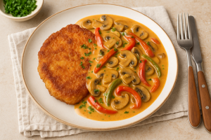 Jägerschnitzel with creamy mushroom and bell pepper sauce served on a plate