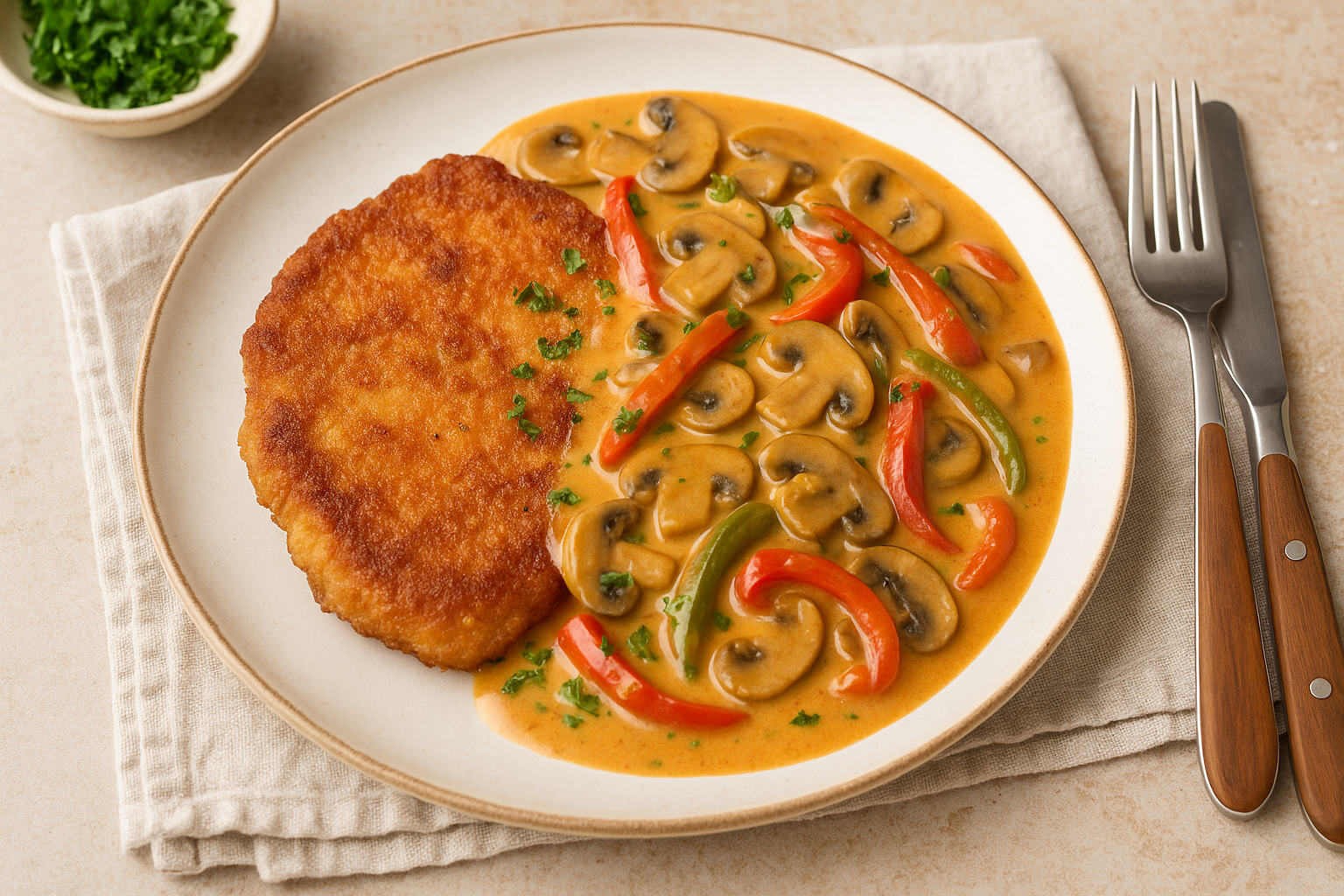 Jägerschnitzel with creamy mushroom and bell pepper sauce served on a plate