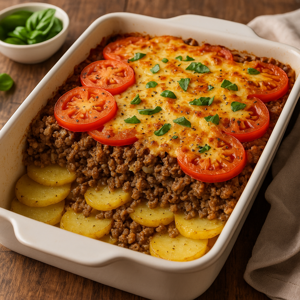 Rustic potato bake with minced meat, tomatoes, and cheese
