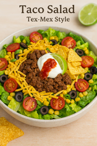 Taco Salad Tex-Mex Style with seasoned minced beef, lettuce, cherry tomatoes, olives, corn, cheddar, and tortilla chips