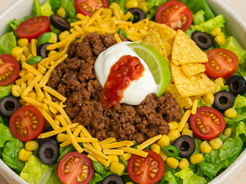 Taco Salad Tex-Mex Style with seasoned minced beef, lettuce, cherry tomatoes, olives, corn, cheddar, and tortilla chips