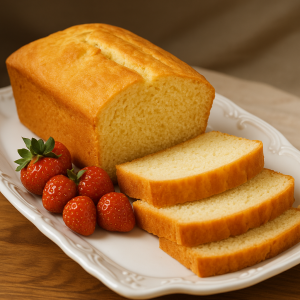 Traditional German pound cake (Eischwerkuchen) served with fresh strawberries on a white plate