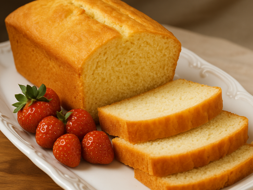 Traditional German pound cake (Eischwerkuchen) served with fresh strawberries on a white plate