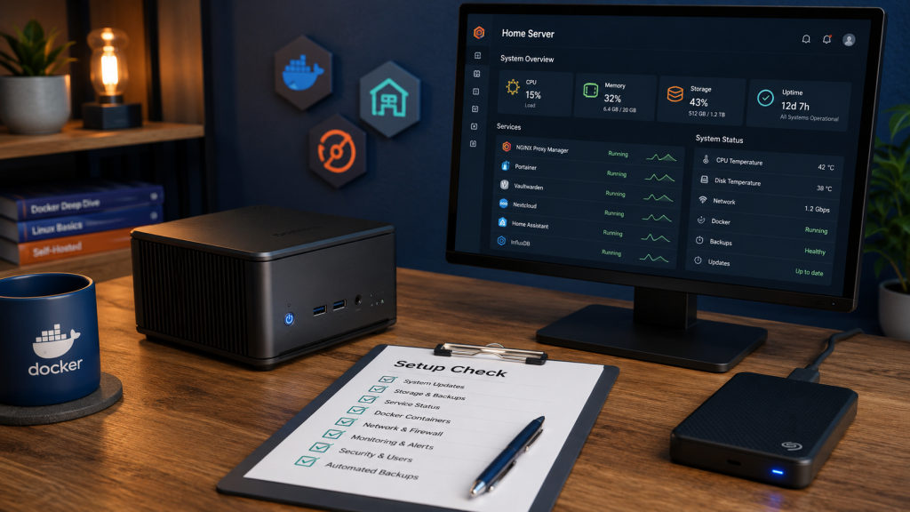 Modern tech workspace with home server setup