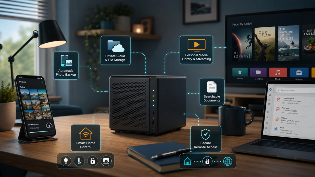 Modern tech workspace with server connection