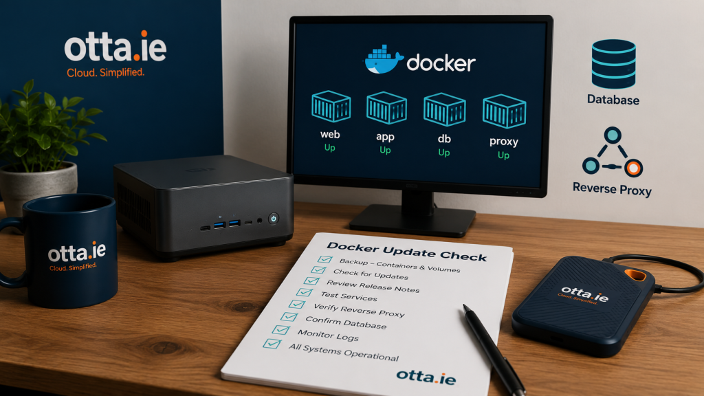 Tech workspace with Docker graphics