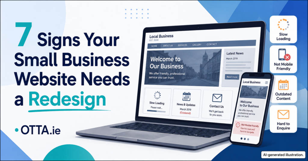 Laptop and smartphone showing an outdated small business website, with signs such as slow loading, poor mobile usability, outdated content and a difficult enquiry process.