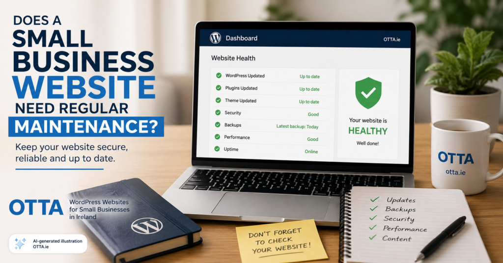 Small business website maintenance illustration showing WordPress updates, backups, security and performance checks.