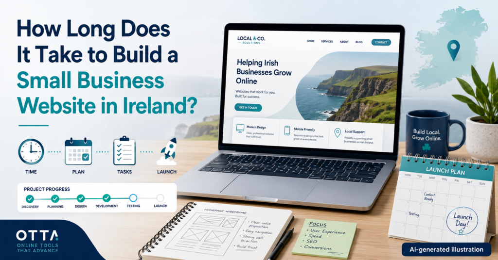 Illustrated workspace showing a laptop with a small business website, project planning icons and a launch plan for a website in Ireland.