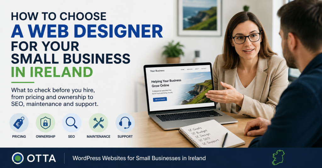 Small business owner discussing a website project with a web designer in Ireland
