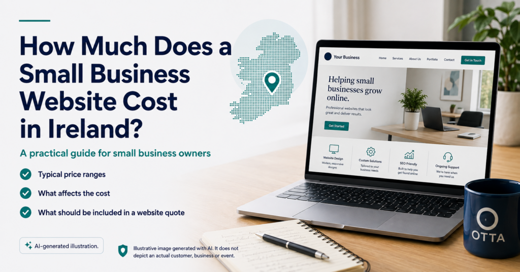 Laptop displaying a small business website beside text about website costs in Ireland