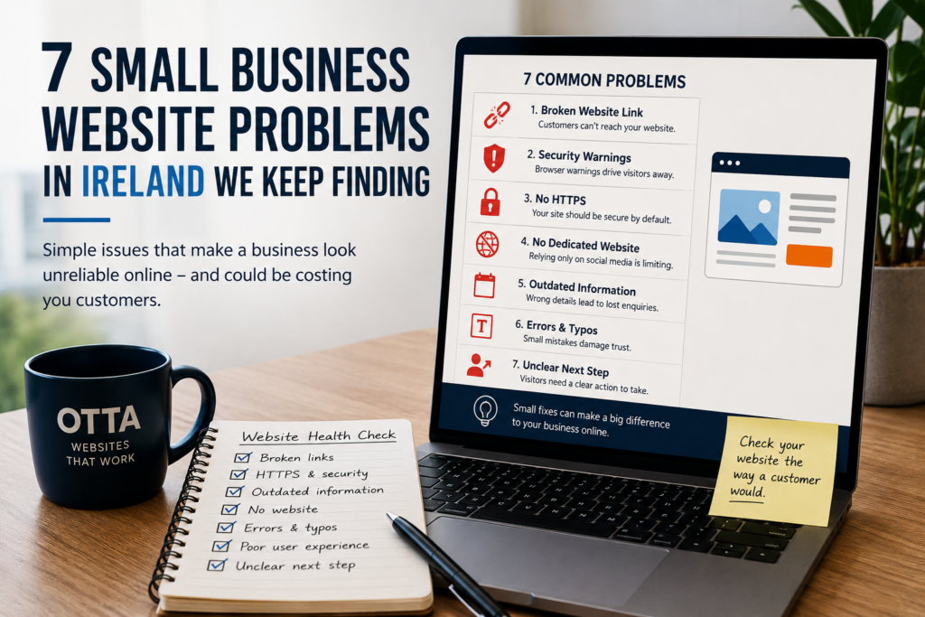 Seven small business website problems in Ireland including broken links, security warnings, no HTTPS and outdated information