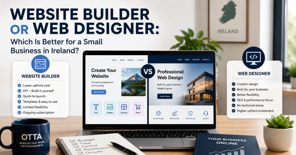 Website builder or web designer in Ireland comparison showing cost, flexibility, maintenance, SEO and support