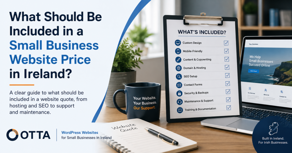 Small business website price in Ireland checklist showing design, hosting, SEO, backups, maintenance and support