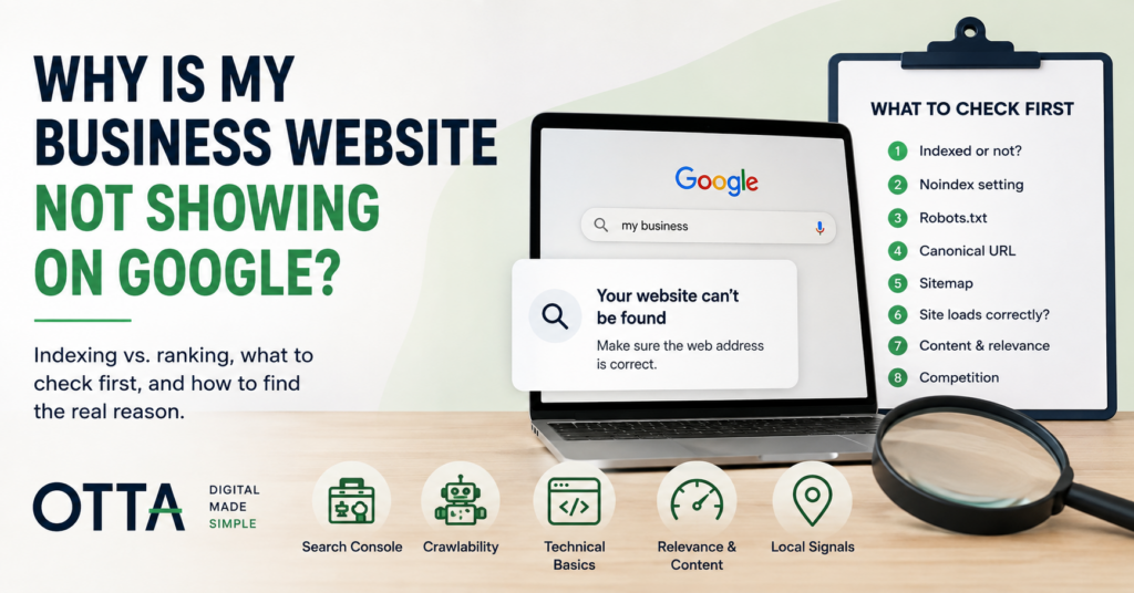 Business Website Not Showing on Google illustrated with Google search, indexing checks, crawlability, sitemap, technical SEO and local signals.