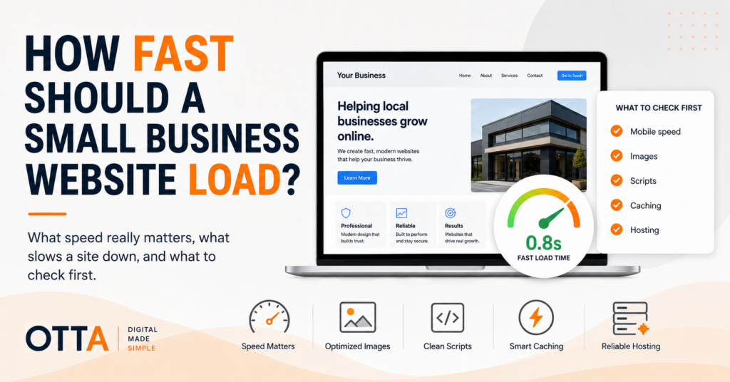 How Fast Should a Small Business Website Load illustrated with mobile speed, optimized images, clean scripts, caching and reliable hosting.