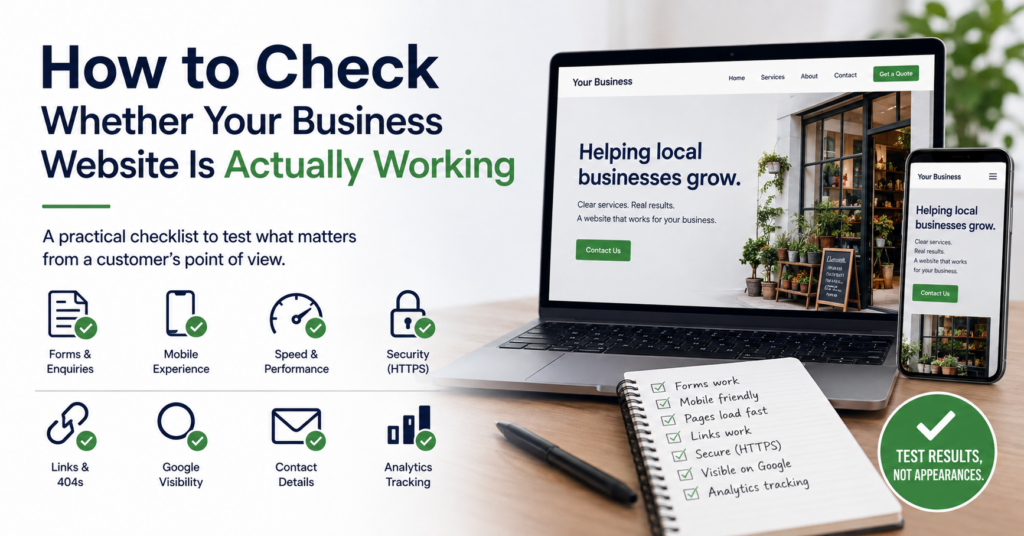 How to Check Whether Your Business Website Is Actually Working illustrated with forms, mobile experience, speed, security, broken links, Google visibility, contact details and analytics tracking.