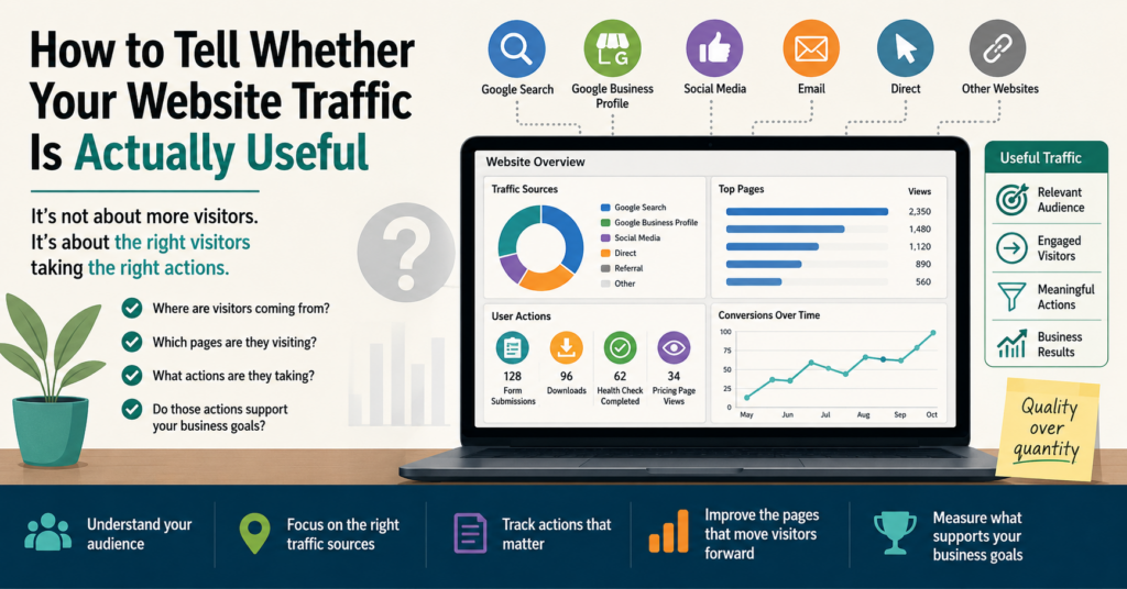 How to Tell Whether Your Website Traffic Is Actually Useful illustrated with traffic sources, top pages, user actions, conversions and meaningful business results.