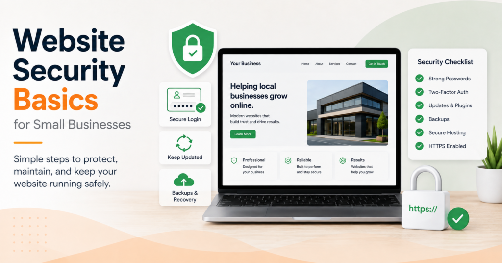 Website Security Basics for Small Businesses illustrated with secure login, updates, backups, HTTPS and website security checks.