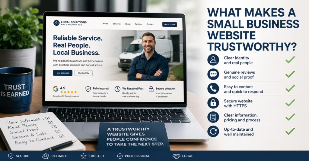 What Makes a Small Business Website Trustworthy illustrated with real people, genuine reviews, secure HTTPS, clear contact details and up-to-date business information.