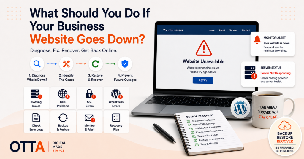 What Should You Do If Your Business Website Goes Down illustrated with hosting issues, DNS problems, SSL errors, WordPress failures, logs, backups and recovery planning.