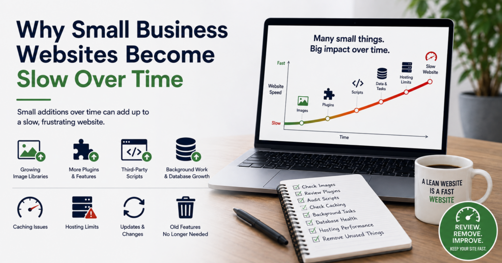 Why Small Business Websites Become Slow Over Time illustrated with growing image libraries, plugins, third-party scripts, database growth, caching issues, hosting limits and outdated features.