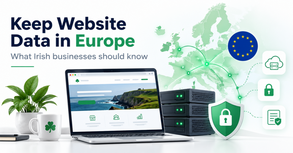 European website data hosting illustration with Irish business website, EU map, servers and privacy shield