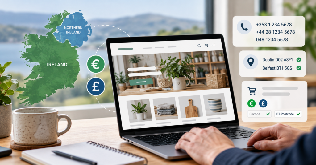 Business website serving Ireland and Northern Ireland, showing euro and sterling payments, international phone numbers and postcode compatibility.